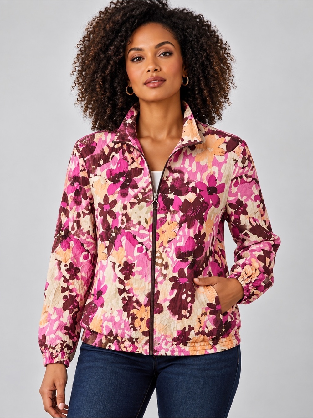 Koret Floral Zip Front Lightweight Purple Pink Beige Windbreaker Jacket Sz L Y2K
